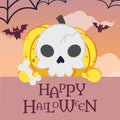 The character of pumpkin with the skeleton costume in flat vector style