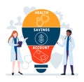 Flat design with people. HSA - Health Savings Account acronym, medical concept background.