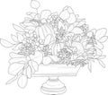 Realistic mix flower bouquet with roses, leafs and pumpkins sketch. Vector illustration in black and white