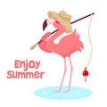 A cute flamingo with a fishing rod goes fishing. Vector illustration, design element for cards, banners, print design for children
