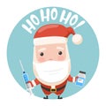 Santa cartoon with syringe injector and vaccine bottle.