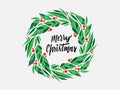 Greeting hand drawn card with Christmas wreath and Merry Christmas handwritten calligraphy. Vector illustration. Christmas wreath Royalty Free Stock Photo