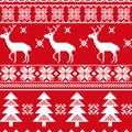 Seamless christmas knitted pattern on red background with reindeer and Christmas trees.