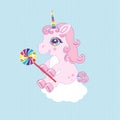 Pink unicorn sits on a cloud and eats rainbow candy