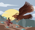 Arabian sailor sinbad adventurer fighting giant bird