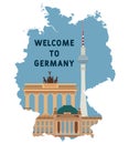 Germany Map Concept With Famous Landmark For Travel Postcard And Poster, Brochure, Advertising. Welcome To Germany.