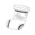 Christmas sock for a gift. Hand-drawn doodle coloring book. Vector over white background. Royalty Free Stock Photo