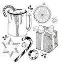 A set of New Year`s cozy things: a New Year`s toy, a gift, a candy, a caramel cane, a hot drink with marshmallows and caramel. Gra