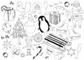 Christmas set of elements for a holiday coloring for the whole family. New Year tree, Santa, sleigh, skates, penguin, snowman, sno Royalty Free Stock Photo