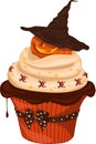 Cartoon Halloween decorated cupcake with cream, spiders and pumpkin in witch hat template. Colorful vector illustration