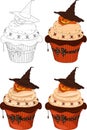 Cartoon Halloween decorated cupcake with cream, spiders and pumpkin in witch hat template set. Colorful vector illustration in col