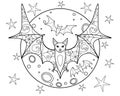 Bats on the background of the moon - coloring antistress - vector linear picture for coloring. Three bats - with anti-stress patte