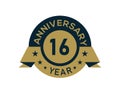 Gold 16 years anniversary badge with banner image, Anniversary logo with golden isolated on white background