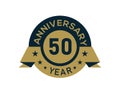Gold 50 years anniversary badge with banner image, Anniversary logo with golden isolated on white background