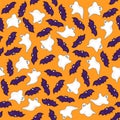 Spooky Halloween ghosts and bats seamless pattern template. Cute simple minimalism cartoon vector illustration