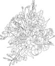 Realistic mix flowers bouquet with roses and small leafs sketch. Vector illustration in black and white Royalty Free Stock Photo
