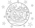 Halloween pumpkin and bats on the background of the full moon and stars - antistress coloring book - vector linear picture for col Royalty Free Stock Photo
