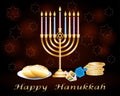 Greeting card for jewish holiday Hanukkah: candle holder `Hanukkiah`, dreidel`sevivon, chocolate coins and jamfilled doughnuts