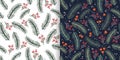 Christmas seamless patterns set with pine branches and berries Royalty Free Stock Photo