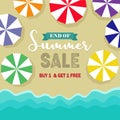 Sandy beach, colorful umbrellas summer sale background Royalty Free Stock Photo