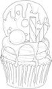 Realistic cute cupcake with cream, sprinkles and donut sketch template. Vector illustration in black and white Royalty Free Stock Photo