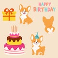 Birthday card with funny corgi, gift box and a cake. Vector holiday illustration.