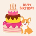 Birthday card with funny corgi and a cake. Vector holiday illustration.