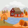 Autumn landscape with a mountain river, mountains, trees and a house. Vector illustration. Royalty Free Stock Photo