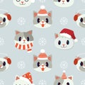 The seamless pattern of cute cat with winter accessories in flat vector style.