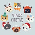The banner collection of cute cat with chritsmas and winter accessory in flat vector style. Royalty Free Stock Photo