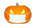 Halloween pumpkin in a medical mask - full color stock illustration. Halloween illustration - Jack`s lantern wearing a protective