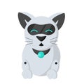 Cute robot cat lies in rest mode and purrs. Technological robot measuring animal habits.