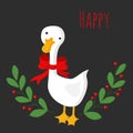 Cute Christmas goose with a red bow in a frame of green branches with berries.