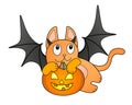 Cute ginger cat in a bat costume carries a pumpkin - vector full color illustration. Kitten with bat wings and Jack`s lantern - Ha