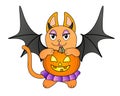 Ginger kitty in a bat costume carries a pumpkin - vector full color illustration. Kitten in a purple skirt with bat wings and Jack