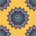 India inspired colorful mandala design seamless pattern template. Vector illustration on yellow background