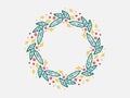 Greeting hand drawn card with Christmas wreath and Merry Christmas handwritten calligraphy. Vector illustration. Christmas wreath Royalty Free Stock Photo