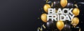 Black Friday Sale banner, poster, flyer design with gold and black 3d realistic flying balloons on black background