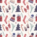 Winter seamless pattern with cute elements, cozy clothes, candies, pine branches and gift boxes