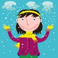 Young woman rejoices at the first snow