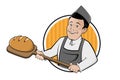 Funny cartoon sign of a baker holding a delicious bread