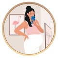 Pregnant woman taking selfie in the mirror. Cartoon vector illustration.