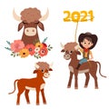 Set of stickers for the new year 2021. Cute calf and boy, bull with flowers. Year of the Bull. Vector illustration.