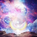 Spiritual guidance, Angel of light and love doing a miracle over Earth, rainbow angelic wings