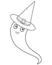 Ghost in a witch`s hat - vector linear illustration for coloring. Halloween picture with a ghost. Outline.