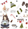 Vector set of Christmas elements, preparing for christmas: girl with gift box; Royalty Free Stock Photo