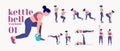 Kettlebell Workout. women exercise vector set. Women doing fitness and yoga exercises. Lunges, Pushups, Squats, Dumbbell rows, Bur