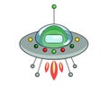 The astronaut is in a flying saucer. A man or an alien in a green spacesuit flies on a UFO - vector full-color picture on the them