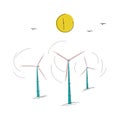 Hand-drawn illustration of wind farms with moon and flying birds. Environmentally friendly, green energy production. Vector isolat Royalty Free Stock Photo