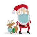 Funny illustration of cartoon santa claus with reindeer and face mask Royalty Free Stock Photo